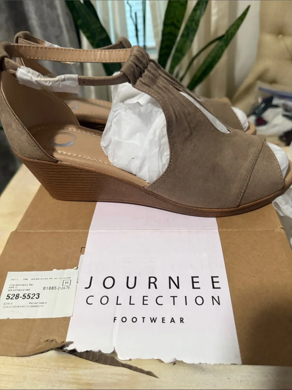 Journee Collection Taupe Suede-Look Peep Toe Wedge Sandals 10